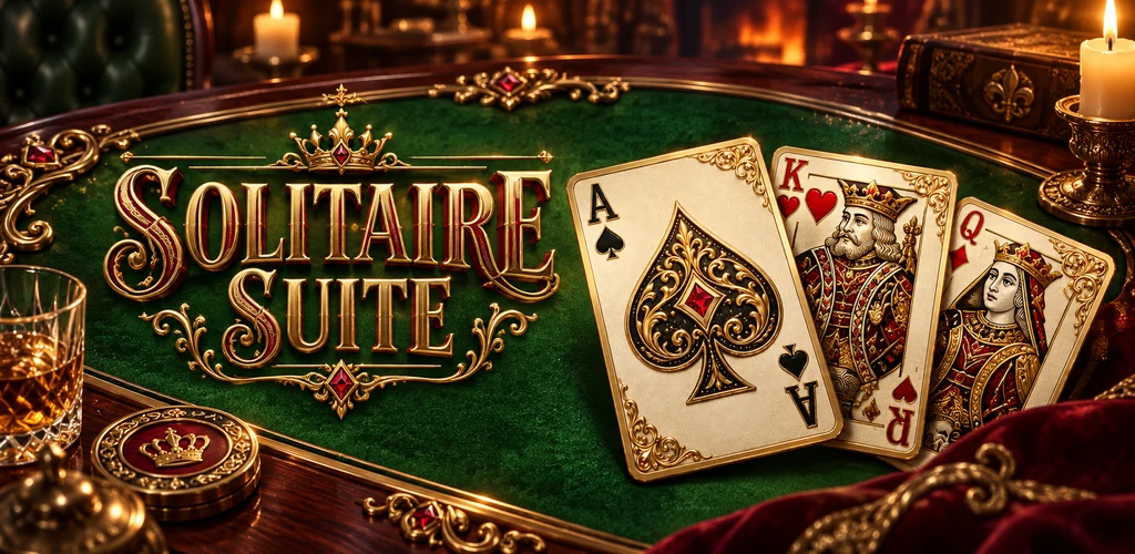Solitaire Suite artwork: illustrated playing cards on a green felt table, framed in gold.